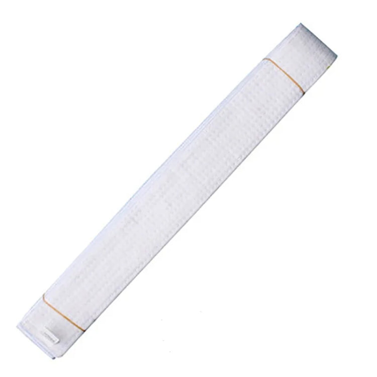 White taekwondo belt sash with tan stitched trim and sewn end label
