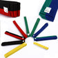 Assorted taekwondo belts with labels: red, green, blue, black
