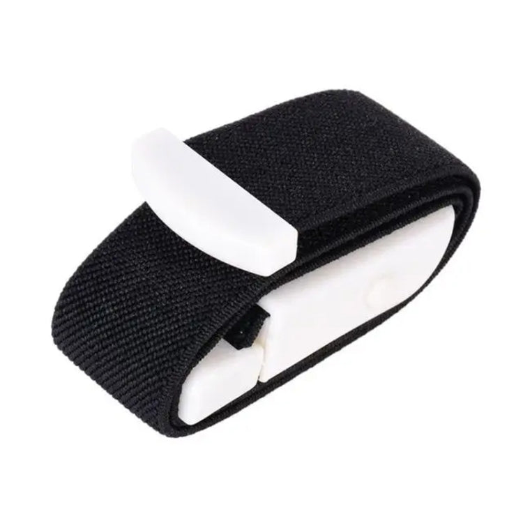 Black elastic snap tourniquet band with white buckle clip and looped end.