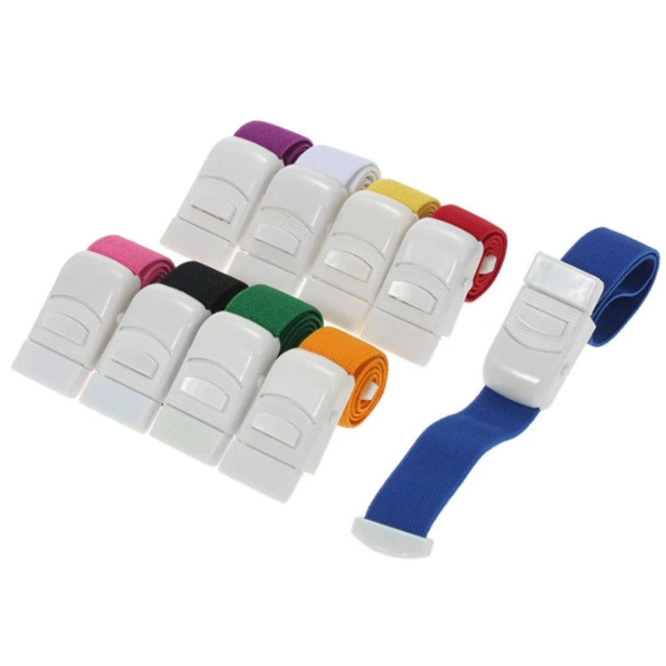 Assorted-color elastic snap tourniquets with white buckle clips, shown as a set.