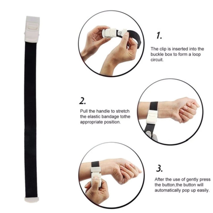 Hands demonstrating an elastic snap tourniquet on an arm with white buckle clip.