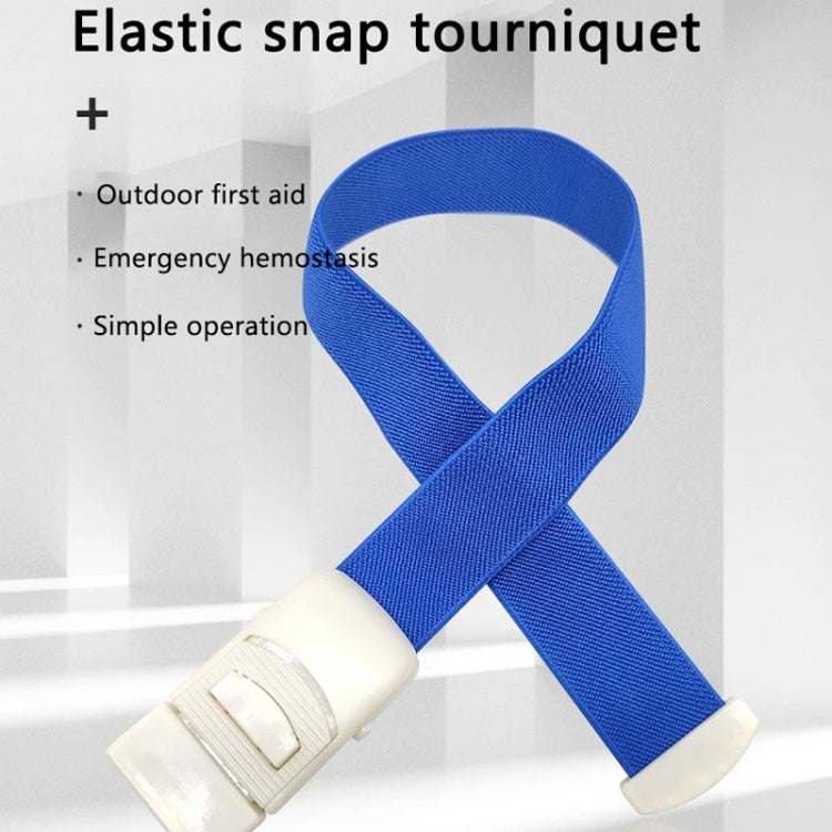 Blue elastic snap tourniquet band with white buckle clip, shown crossed over itself.