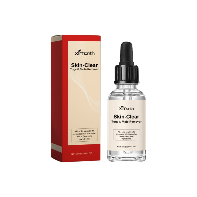 Mole remover serum bottle with black dropper next to red-and-beige Skin-Clear box