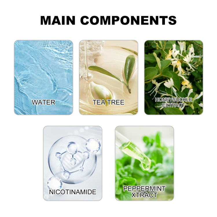 Ingredient tiles: water, tea tree, honeysuckle, nicotinamide, peppermint extract
