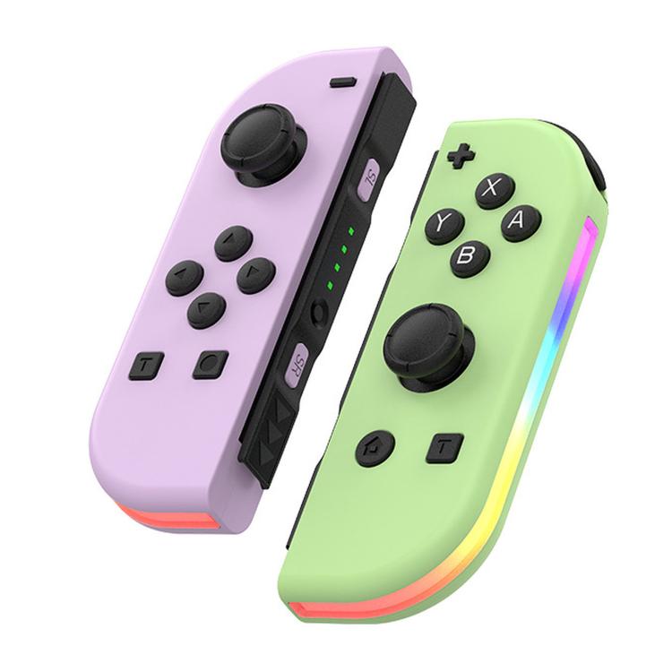 Lavender and light green left-right game controller set with twin thumbsticks and RGB light bar.