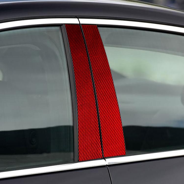Red carbon-look B-pillar trim stickers installed on a car
