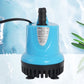 Front view of light blue submersible water pump with black vented base and nozzle