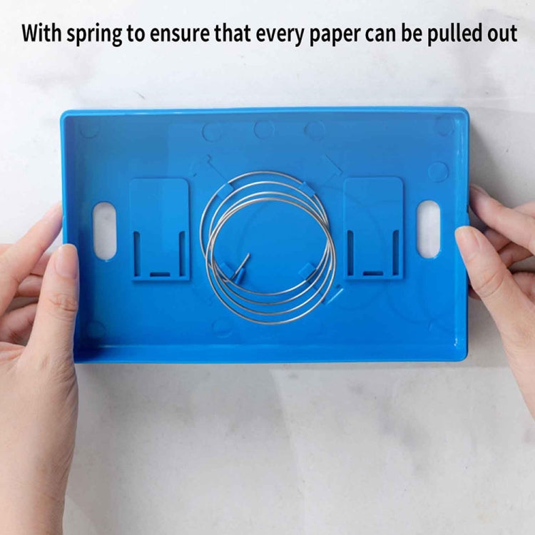 Blue building-block tissue box base with spring loop for pulling tissues