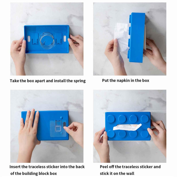 Blue building-block tissue box shown with spring and tissue loading steps