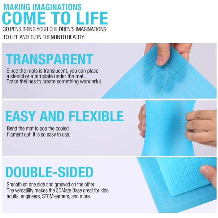 Transparent blue silicone 3D drawing template mat held in hand, showing grid and arcs
