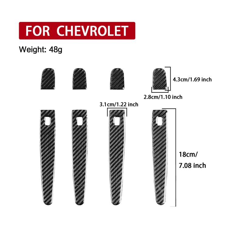 Black carbon-fiber door handle sticker set diagram with 4 strips and size labels