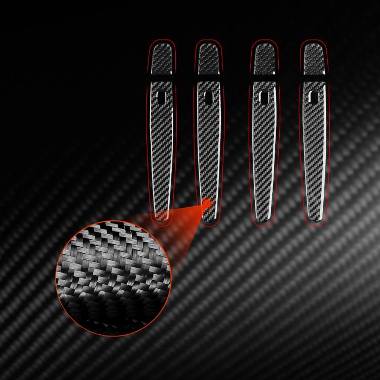 Red-accented door handle sticker set on black carbon-fiber background, 4 strips