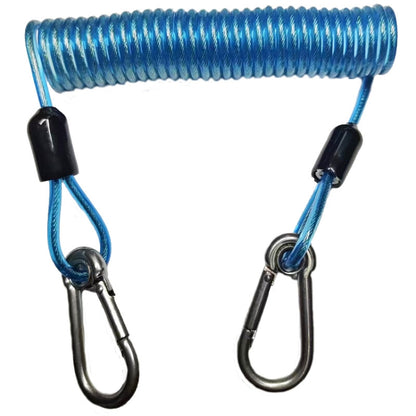 Blue coiled anti-theft strap with TPU spring and stainless carabiners, dual hooks