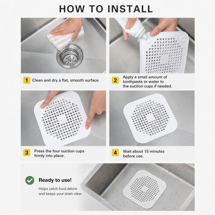 White silicone drain strainer pad being positioned over a sink drain