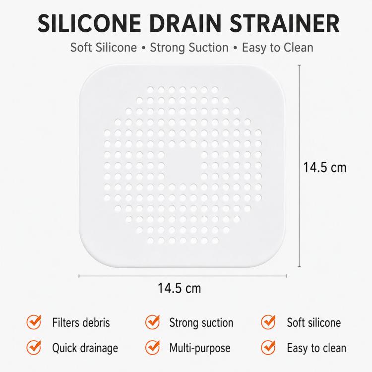 White silicone drain strainer pad, 14.5 cm square, with suction and perforations