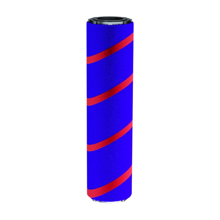 Cylindrical blue vacuum roller brush with red striped pattern