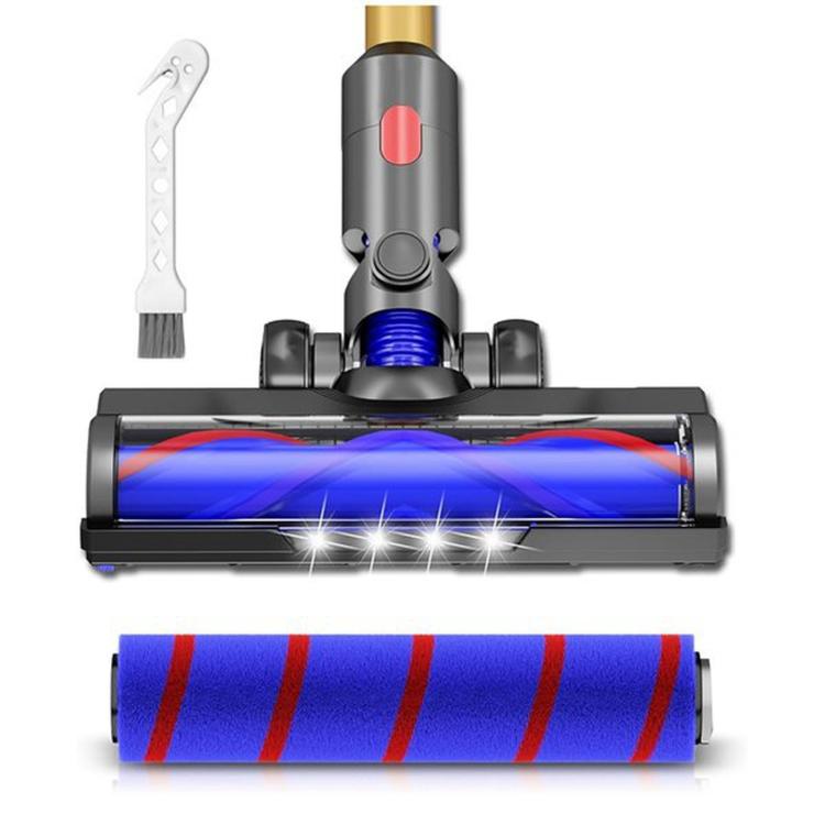Vacuum floor brush head with blue roller and red stripe brush roll