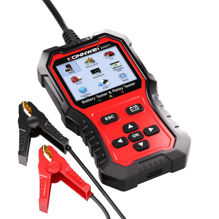 KONNWEI battery and relay tester handheld with screen and attached test cables
