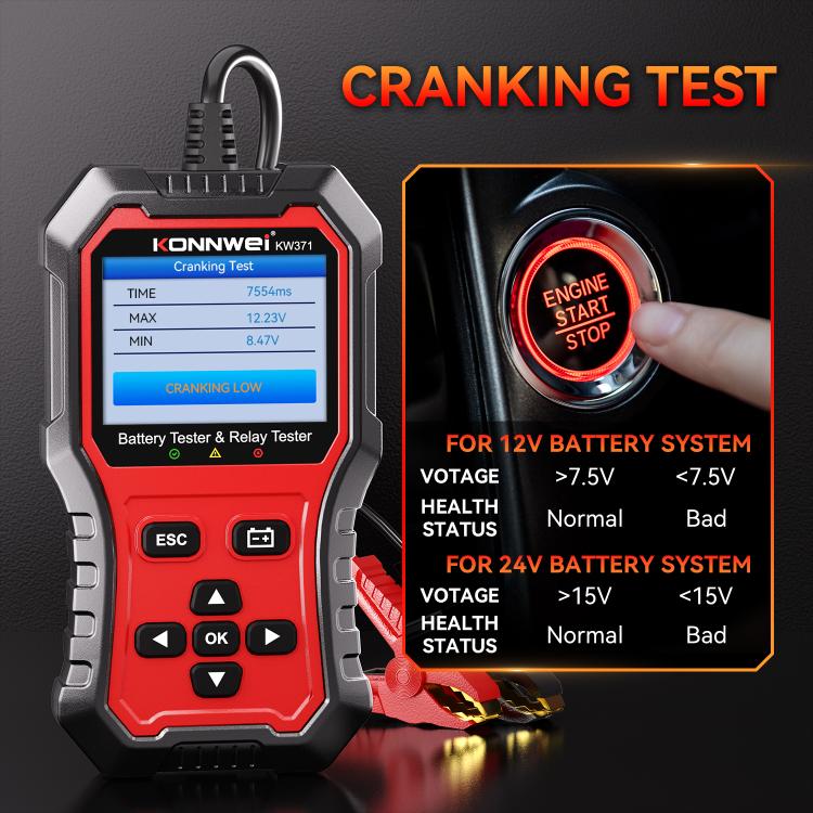 KONNWEI 2-in-1 car relay tester with red LCD screen and test buttons