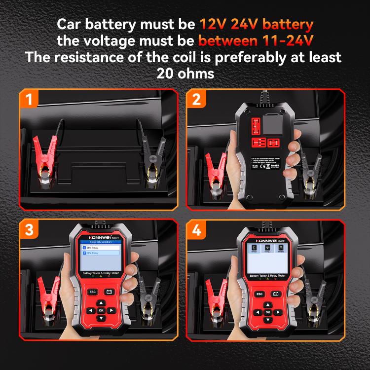 Handheld car relay battery tester tool showing on-screen readings