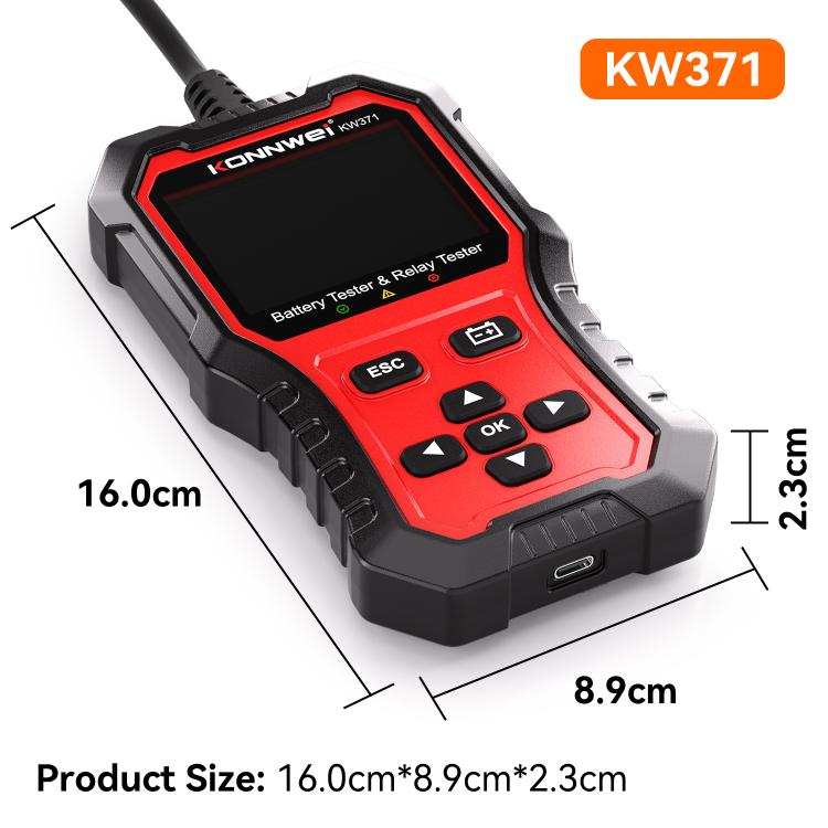 KONNWEI KW371 battery and relay tester handheld with red control panel