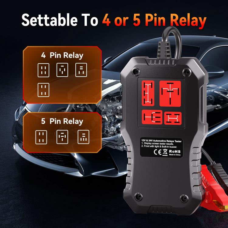 KONNWEI relay and battery tester with red pin-scheme display on device