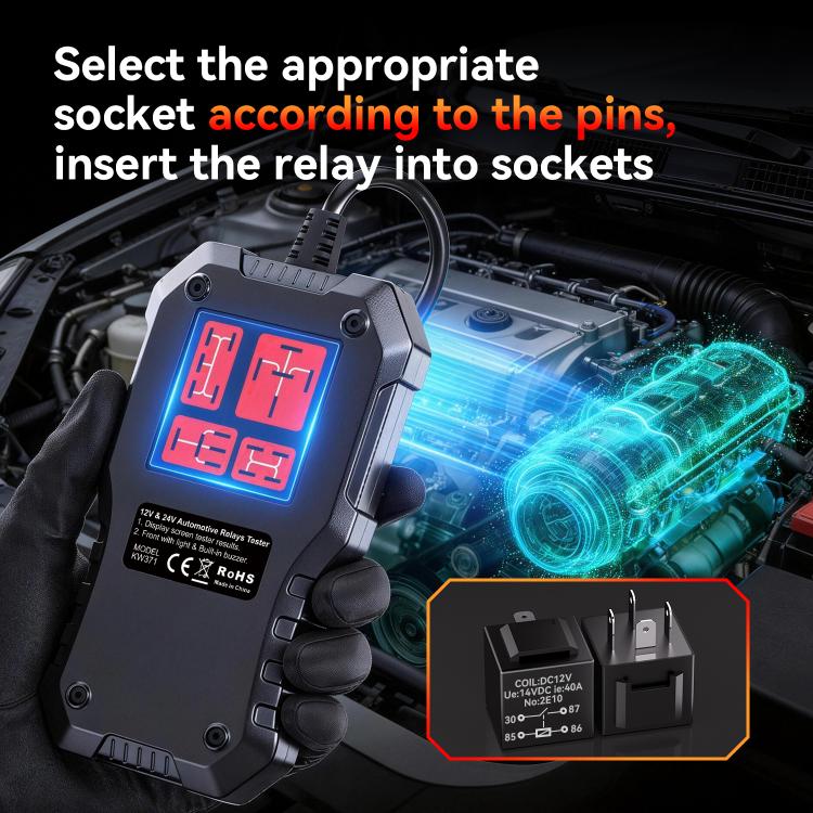 KONNWEI battery and relay tester showing relay diagnostics on LCD screen
