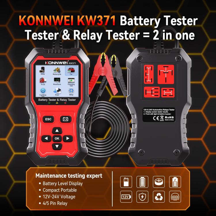 KONNWEI 2-in-1 battery tester and relay tester with clamp leads and LCD
