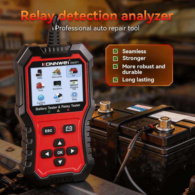 KONNWEI car relay tester with red interface screen and test leads