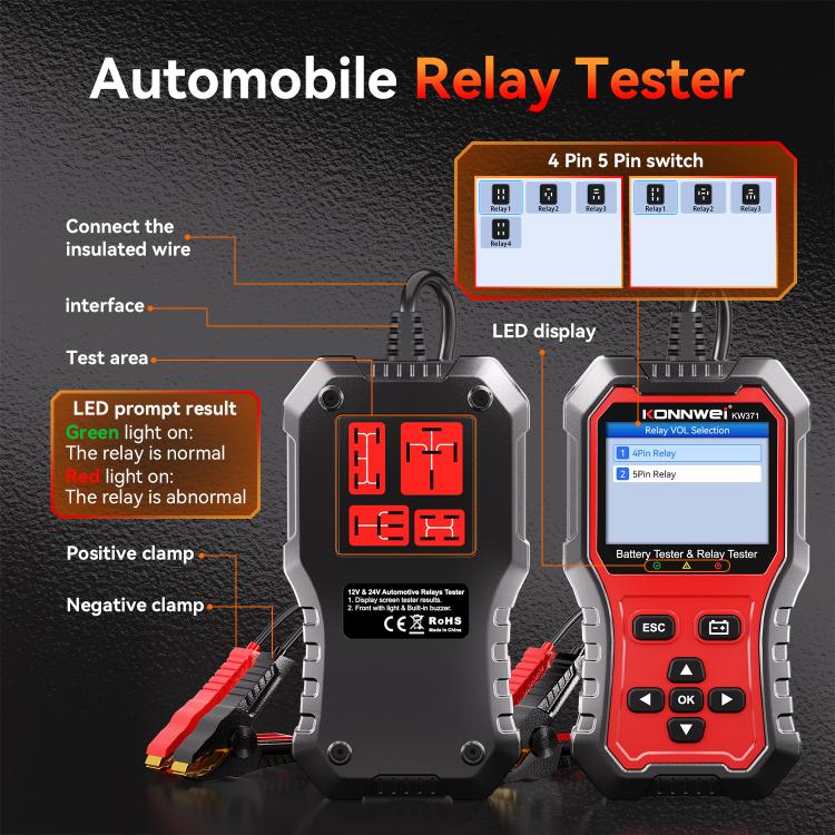 KONNWEI automotive relay tester with positive and negative clamp connections