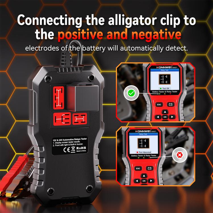 KONNWEI battery and relay tester with red clamps connected to electrodes