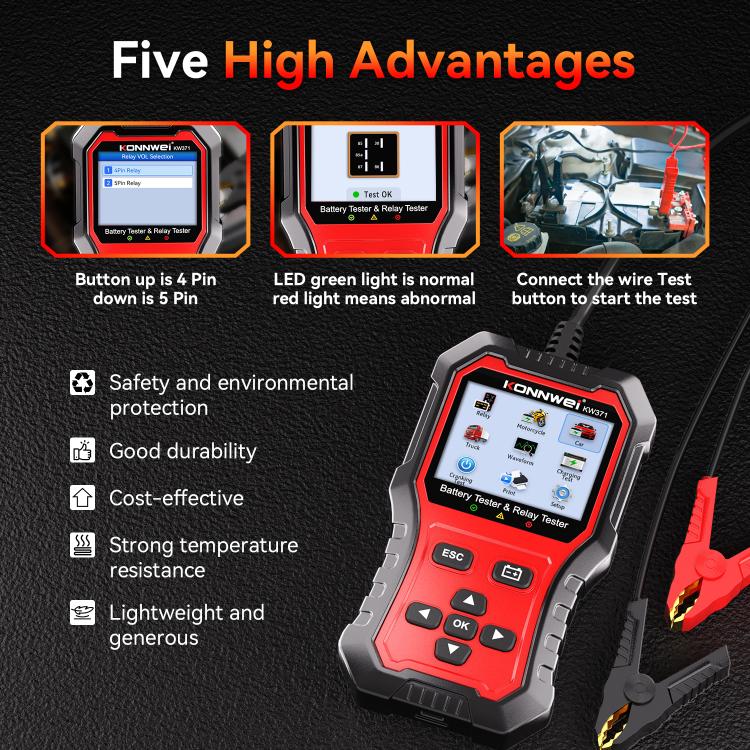 KONNWEI handheld battery and relay tester with red keypad and clamp cable