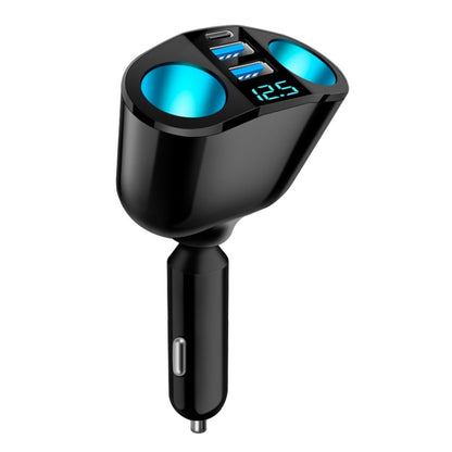 Dual car cigarette lighter USB adapter with dual USB-C ports and blue LED voltage display