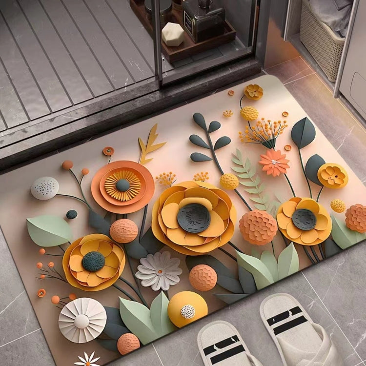 Floral diatom mud absorbent floor mat with teal leaves and circular orange blossoms