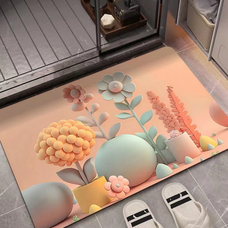 Floral diatom mud absorbent floor mat with pink petals and mint stems on peach base