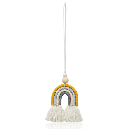 Yellow and gray rainbow wood bead pendant with cotton rope loop and cream tassels