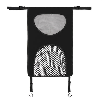 Black car seat pet barrier bag with two mesh panels and top handle straps