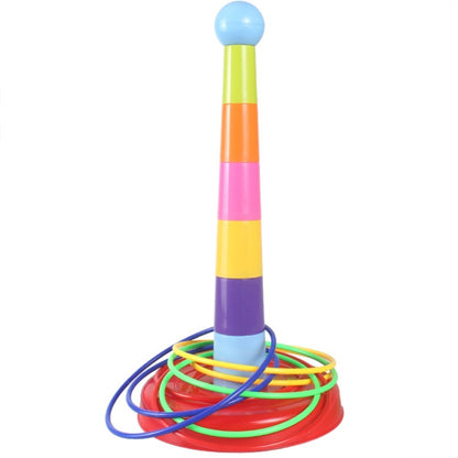 Colorful ring toss hoop tower with base and stacked hoops in blue, red, green, yellow