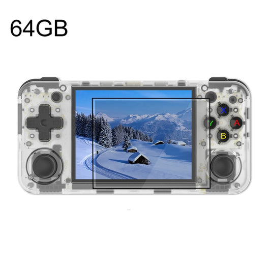 ANBERNIC RG35XX H handheld game console with a transparent white shell and dual analog sticks