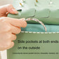 Green jewelry bag with side pocket flap and hand lifting strap, for added small items