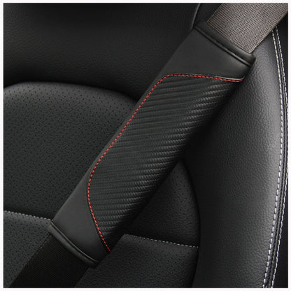 Car seat belt cover with carbon-fiber texture and red contrast stitching