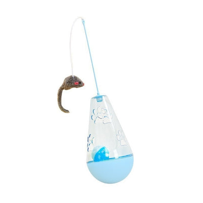 Blue cat self-feeding tumbler toy with hanging mouse lure and cord