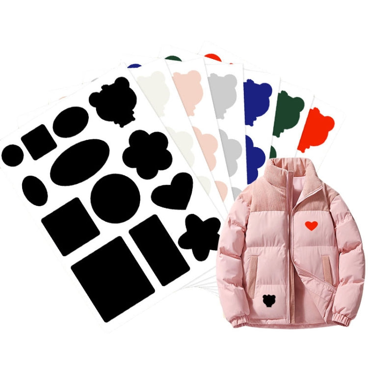 Self-adhesive fabric repair patch stickers on a pink down jacket, black shapes