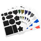 Fabric repair patch sticker sheet with assorted shapes, glossy black and blue