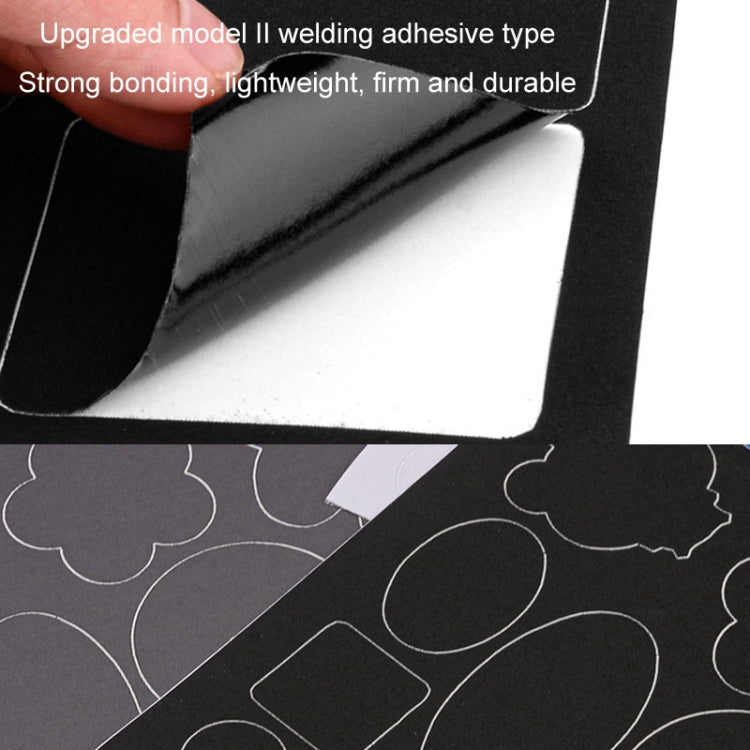 Self-adhesive fabric patch sticker sheet with black backing and lifted corner