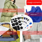 Round sheet of self-adhesive fabric repair patches with assorted black shapes