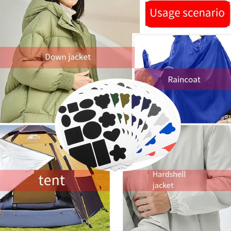 Round sheet of self-adhesive fabric repair patches with assorted black shapes