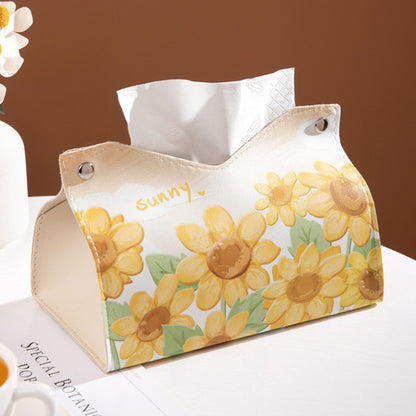 Beige sunflower-printed tissue holder bag with snap button sides