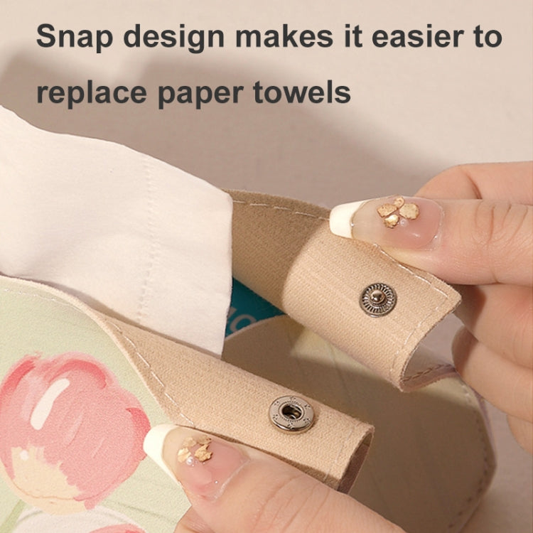 Beige tulip tissue holder bag with metal snap closures and opening