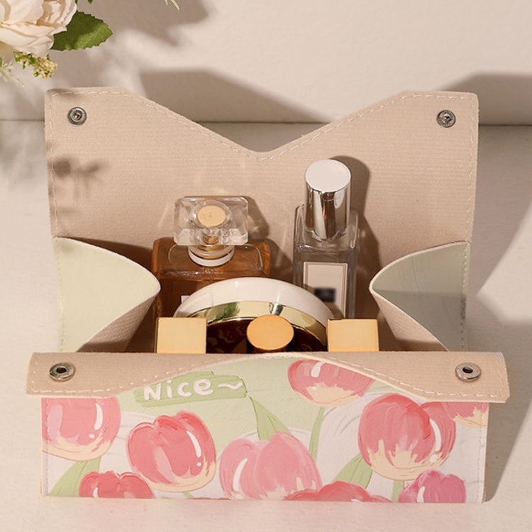 Beige tulip-printed tissue holder bag with front flap and metal snaps